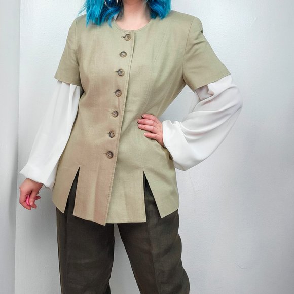 Kasper Jackets & Blazers - Vintage 90s Beige Minimalist Short Sleeve Blazer Top
